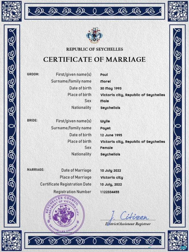 Download Seychelles marriage certificate PSD template Photoshop template